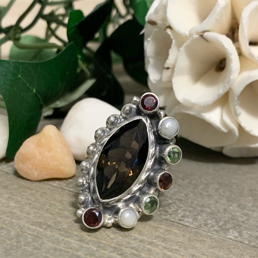 Smokey Quartz w/ Peridot, Pearl & Garnet Accents Sterling Silver Ring Size 9 1/4